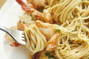 pasta shrimp and fork