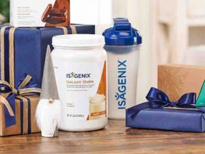 isagenix salted carmel isalean shale with water bottle and presents