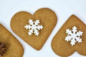 heart shaped gingerbread cookies with snowflakes