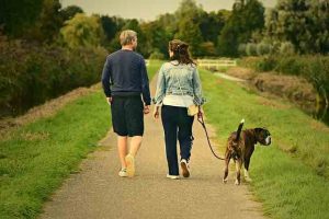 man & woman walking a dog on a country lane