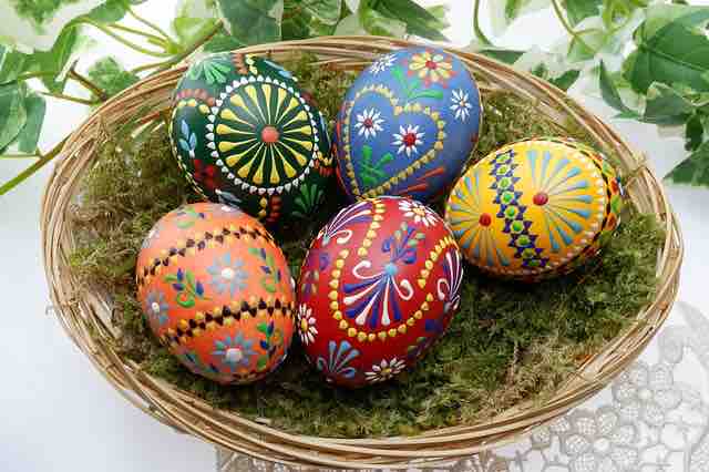 beautiful decorated eggs in natural basket