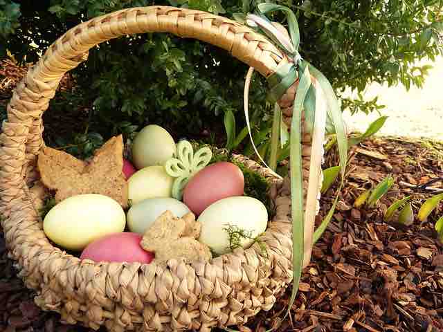 natural easter basket with light colored eggs