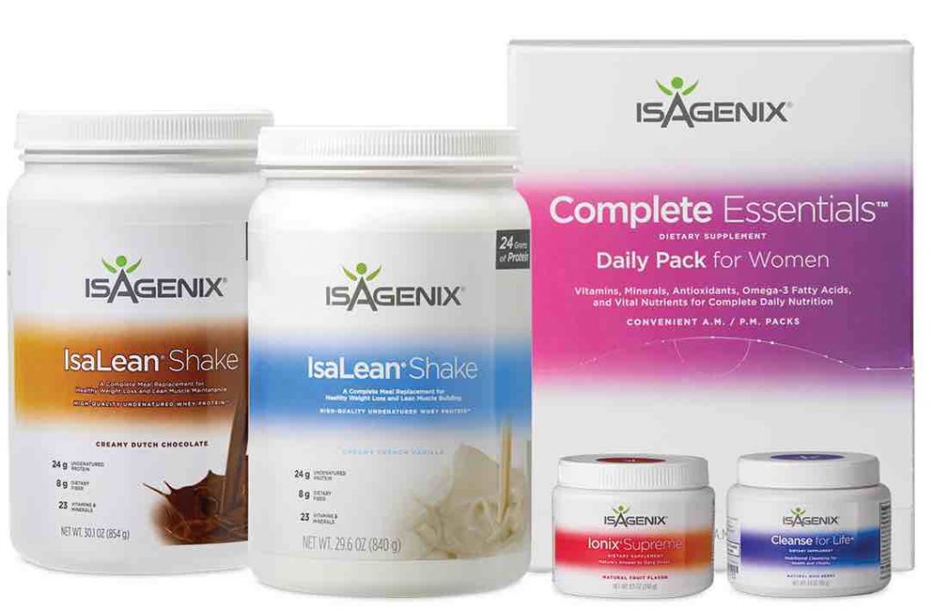 2 containers of Isagenix IsaLean Shakes 1 container of Ionic Supreme 1 container of Cleanse for Life and 1 box of Complete Essentials for Women 